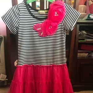 Little Mass Girls Dress Black And White Stripe With Pink Flare Tutu Skirt,Size 6